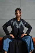 Blue Wave abaya in black crepe with hand-stitched blue and black lacework – Luchy Line