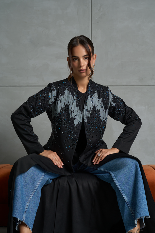 Blue Wave abaya in black crepe with hand-stitched blue and black lacework – Luchy Line