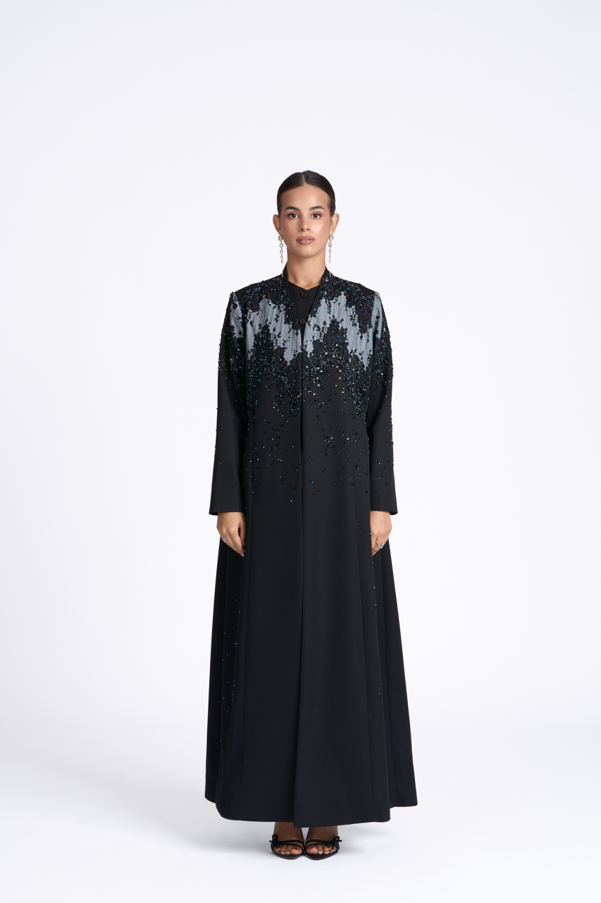 Blue Wave abaya in black crepe with hand-stitched blue and black lacework – Luchy Line