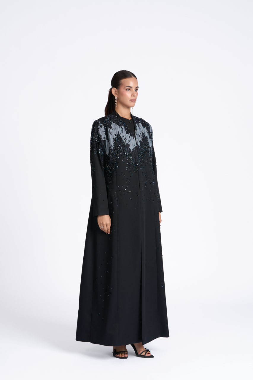 Blue Wave abaya in black crepe with hand-stitched blue and black lacework – Luchy Line