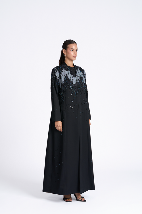 Blue Wave abaya in black crepe with hand-stitched blue and black lacework – Luchy Line