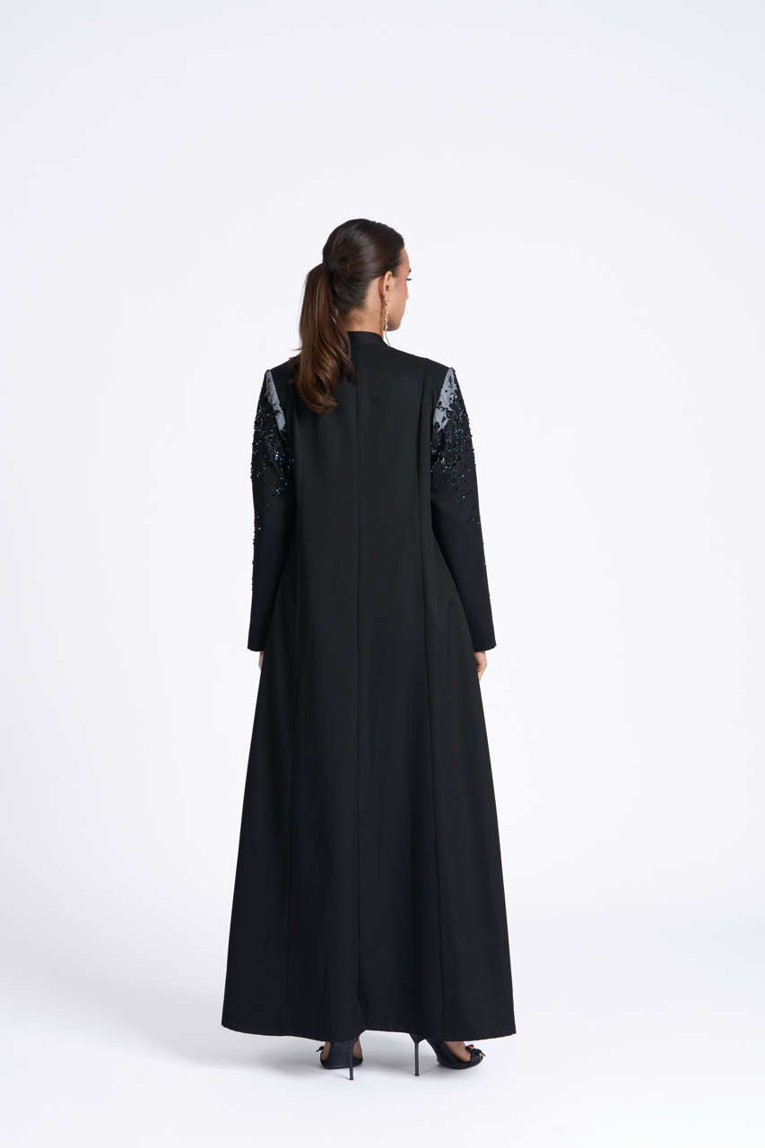 Blue Wave abaya in black crepe with hand-stitched blue and black lacework – Luchy Line
