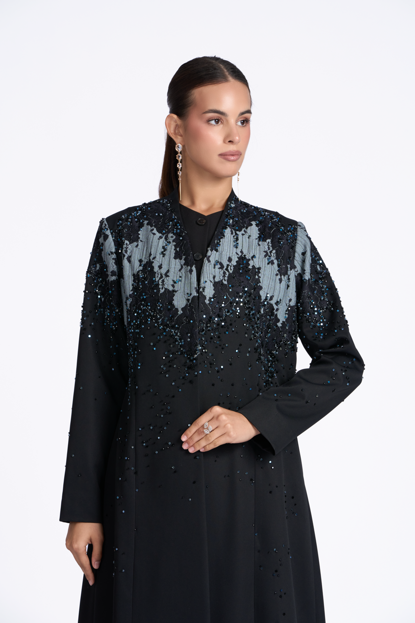 Blue Wave abaya in black crepe with hand-stitched blue and black lacework – Luchy Line