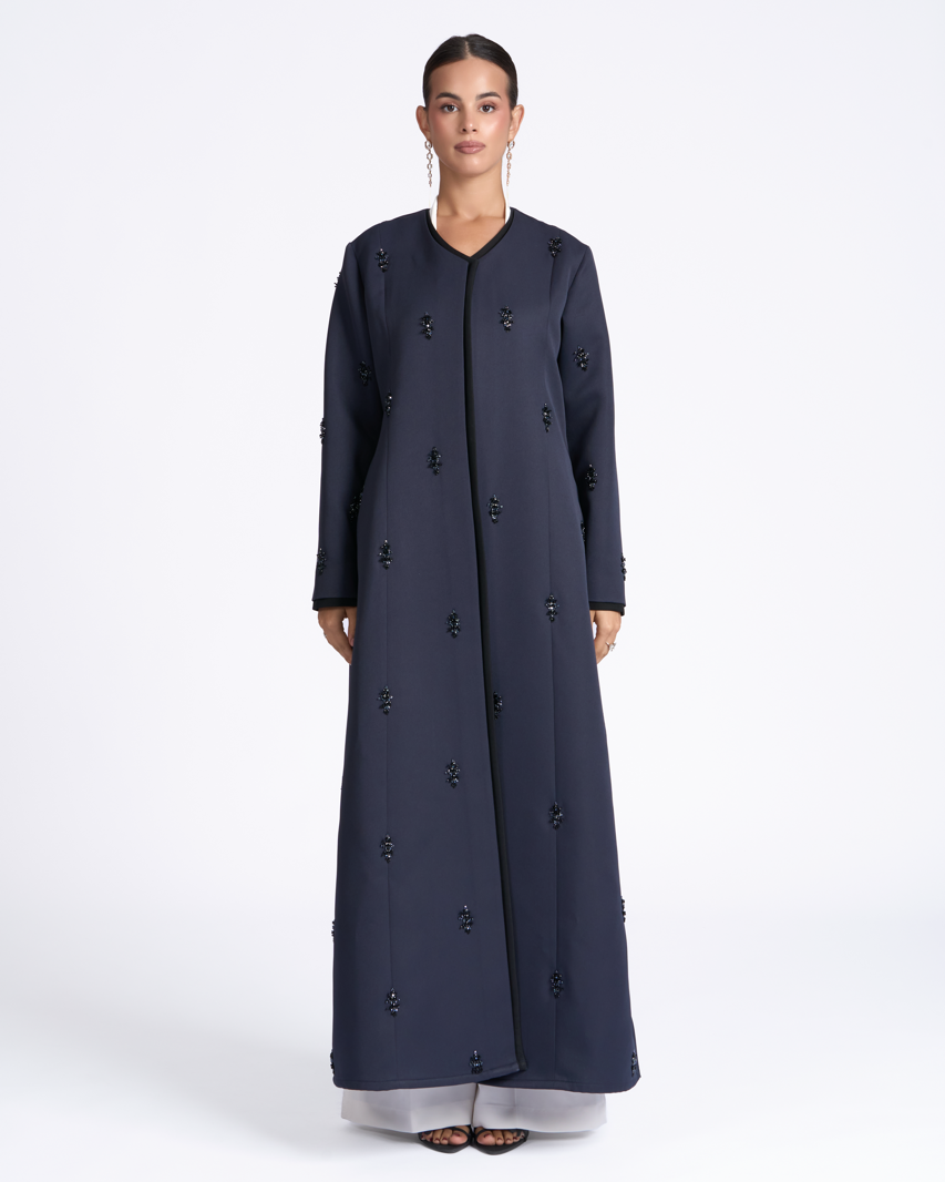 Navy Star abaya in premium crepe with hand-placed navy crystals – Luchy Line