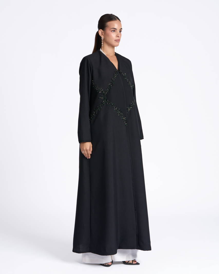 Luminous abaya in premium black crepe with hand-embroidered emerald details – Luchy Line